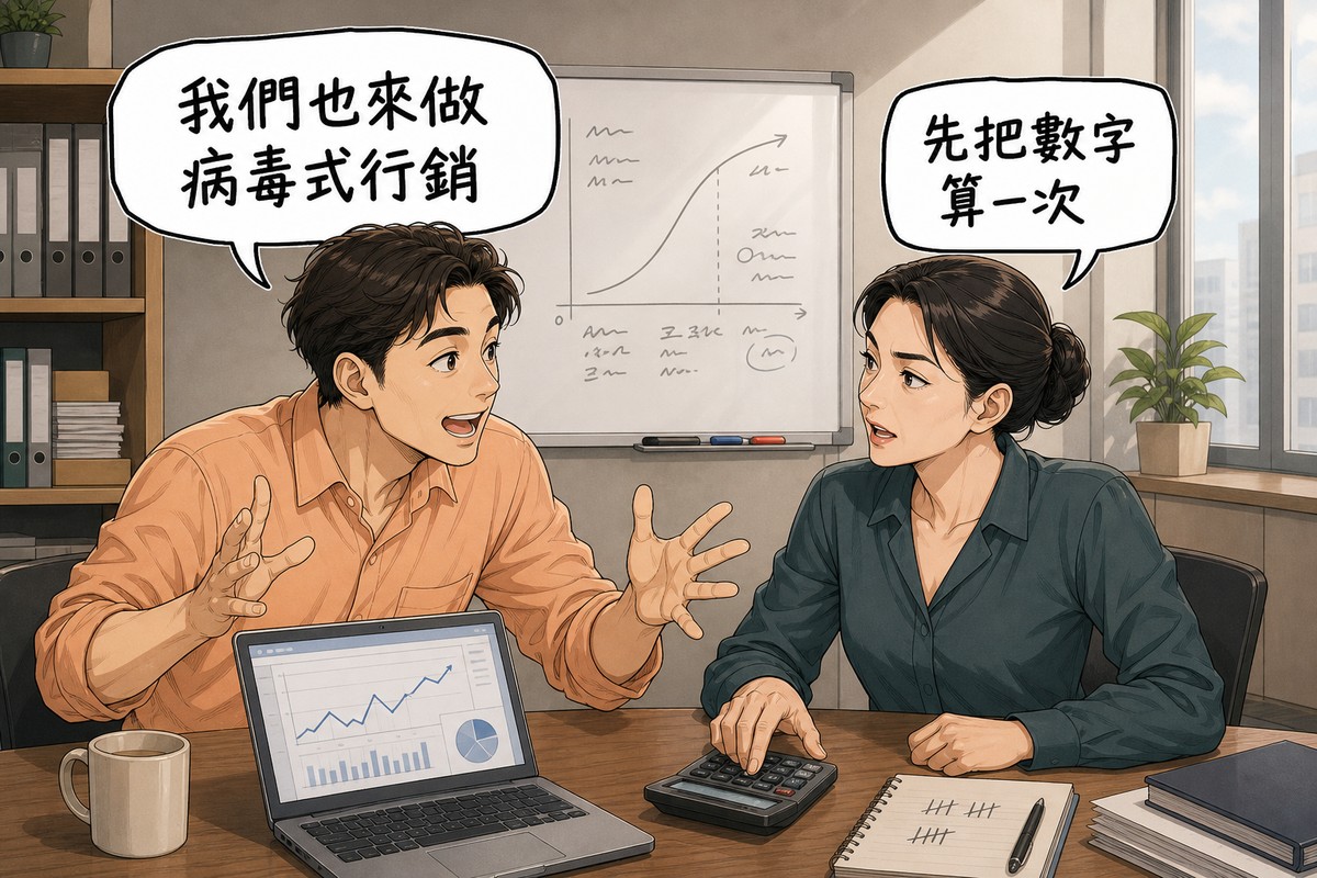 一位行銷企劃與一位策略顧問在會議室對談,企劃張開雙手說「我們也來做病毒式行銷」,顧問把手放在計算機上回應「先把數字算一次」